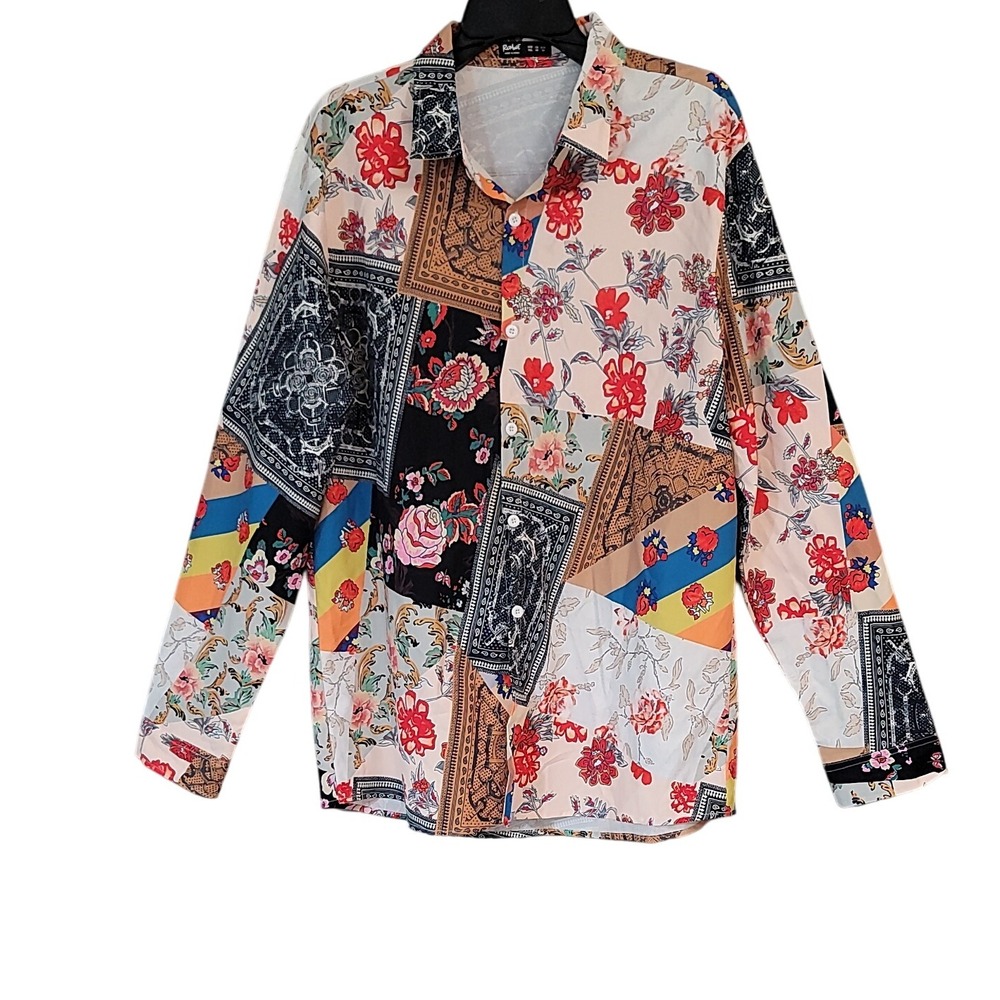 ROMWE Patchwork Floral Paisley Print Long Sleeve Button Up Shirt XXL